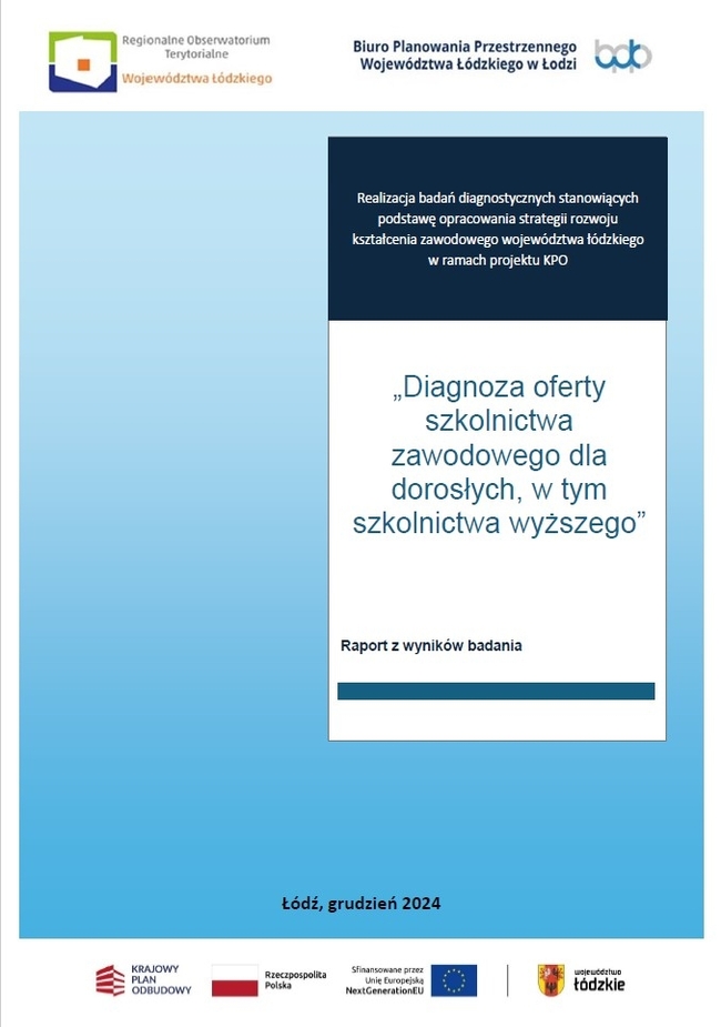 Grafika przedstawia okładkę opracowania „Diagnoza oferty szkolnictwa zawodowego dla dorosłych, w tym szkolnictwa wyższego”. W górnej części na białym tle umieszczono logotypy instytucji odpowiedzialnych za opracowanie dokumentu: po lewej stronie logo Regionalnego Obserwatorium Terytorialnego Województwa Łódzkiego, natomiast po prawej stronie logo Biura Planowania Przestrzennego Województwa Łódzkiego w Łodzi. Centralna część okładki ma gradientowe tło w odcieniach błękitu. Na jego środku znajduje się biały prostokąt z granatowym nagłówkiem, w którym zapisano informację o realizacji badań diagnostycznych w ramach projektu KPO. Poniżej, w głównej części prostokąta, umieszczono tytuł dokumentu: „Diagnoza oferty szkolnictwa zawodowego dla dorosłych, w tym szkolnictwa wyższego”. Tytuł zapisano niebieskimi literami, a pod nim znajduje się podtytuł „Raport z wyników badania”. Na dole strony, pośrodku, umieszczono informację o miejscu i dacie opracowania: „Łódź, grudzień 2024”. Poniżej znajdują się logotypy instytucji i programów finansujących opracowanie dokumentu: po lewej stronie logo Krajowego Planu Odbudowy i flagi Rzeczypospolitej Polskiej, w środku logo Unii Europejskiej, a po prawej logo Województwa Łódzkiego w kolorach czerwonym i złotym.