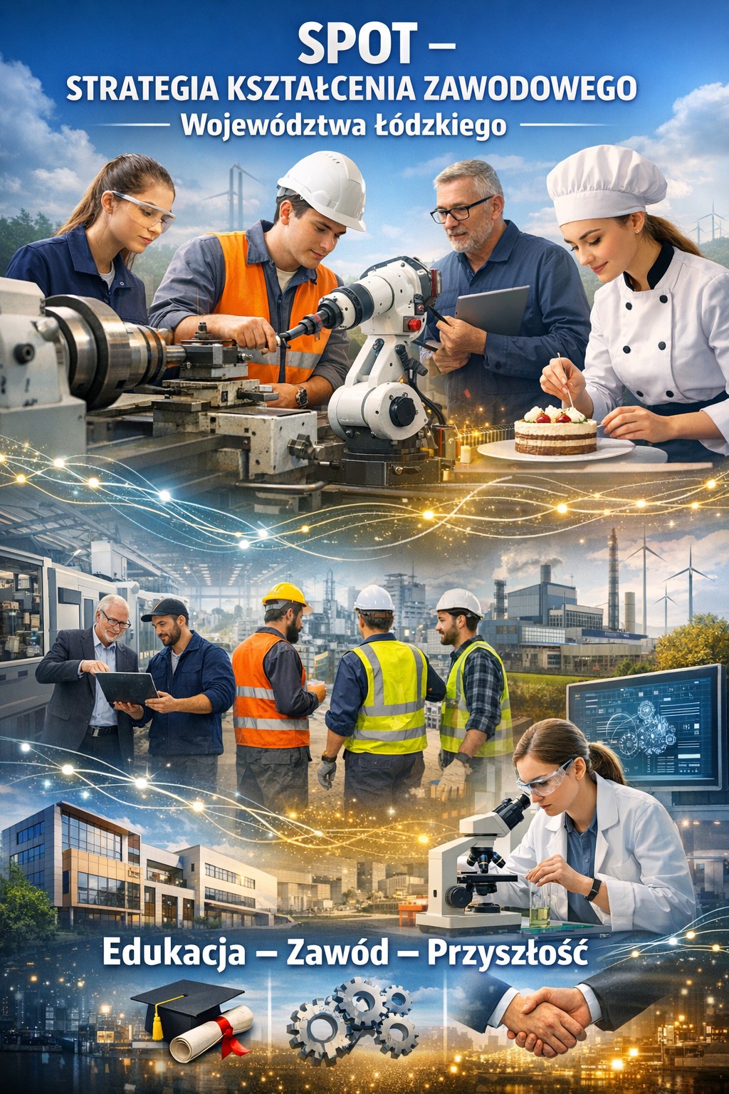 Obraz został wygenerowany przy pomocy AI. Dzieląc go w poziomie na cztery elementy widzimy: od góry mamy przedstawione osoby zajmujące się pracą precyzyjną mechaniczną oraz cukierniczkę. NIżej widać panów, którzy zajmuja się planowaniem pracy, poniżej jest po prawej pani przy mikroskopie.  Poniżej mamy trzy wyrazy: od lewej edukacja a pod nią togę , w środku zawód, pod nim połączone tryby, po prawej Przyszłość po nim uścisk dłoni.