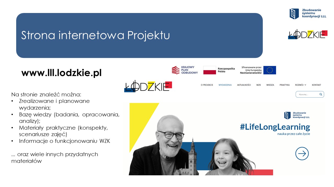 W górnej części grafiki na niebieskim tle znajduje się tytuł: Strona internetowa projektu. Po lewej jest logo Zintegrowanego Systemu Koordynacji LLL i logo województwa łódzkiego. Poniżej po lewej mamy adres strony,  a poniżej informacja co możemy znaleźć na tej stronie. Po prawej mamy logo Krajowego Planu Odbudowy i Zwiększania Odporności, flagę Polski , logo Unii Europejskiej. Po prawej mamy zdjęcia starszego Pana z dziewczynką wraz z napisem LIFELONG Learning  czyli nauka przez całe życie.