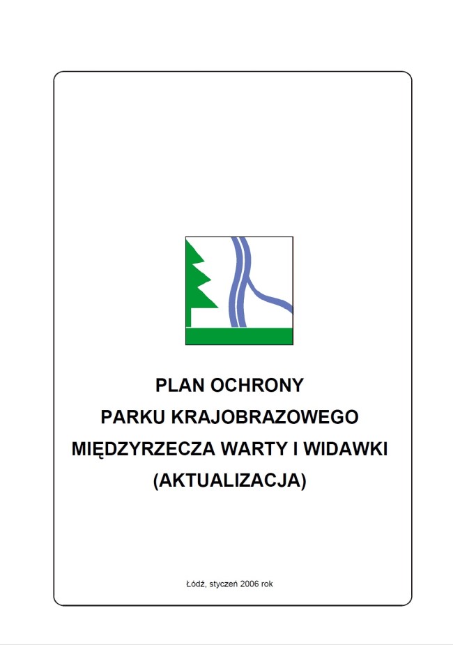 Okładka opracowania stanowi białe tło dla tytułu dokumentu: „Plan ochrony Parku Krajobrazowego Międzyrzecza Warty i Widawki (AKTUALIZACJA)”, który znajduje się poniżej środkowej części strony, zapisany wielkimi, pogrubionymi literami, czarną czcionką, w czterech wierszach. Powyżej znajduje się logo jednego z dwóch Sieradzkich Parków Krajobrazowych – Parku Krajobrazowego Międzyrzecza Warty i Widawki, na którym schematycznie pokazano zielone drzewo iglaste po lewej stronie a po środku rzekę Wartę z dopływem Widawki w niebieskim kolorze na białym tle. Na dole strony widnieje informacja o miejscu i dacie sporządzenia dokumentu „Łódź, styczeń 2006 rok” pisana czarną czcionką. Całość jest umieszczona w cienkiej czarnej ramce o zaokrąglonych rogach.