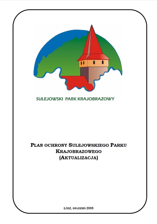 Okładka dokumentu „Plan Ochrony Sulejowskiego Parku Krajobrazowego” przedstawiona jest na białym tle z cienką, czarną ramką o zaokrąglonych rogach. W górnej części umieszczone jest kolorowe logo Sulejowskiego Parku Krajobrazowego - jednego z trzech Nadpilicznych Parków Krajobrazowych symbolizujące bogactwo przyrodnicze i historyczne tego obszaru. Logo ma kształt niedokończonego okręgu z niebiesko-zielonym tłem oraz dominującą charakterystyczną Wieżą Opacką z Zespołu Opactwa Cystersów. Pod grafiką widnieje napis „Sulejowski Park Krajobrazowy” pisany wielkimi literami, zieloną czcionką. Poniżej, na środku strony, znajduje się tytuł dokumentu zapisany wielkimi literami: „PLAN OCHRONY SULEJOWSKIEGO PARKU KRAJOBRAZOWEGO (AKTUALIZACJA)”. Na samym dole, drobnym drukiem, umieszczony jest napis: „Łódź, październik 2005”.