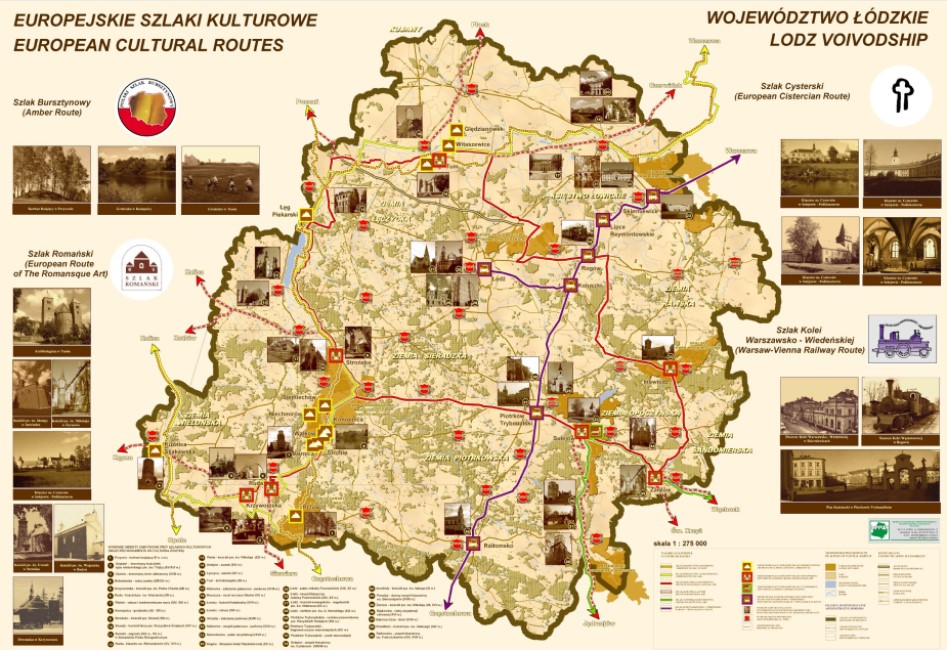 Grafika przedstawia dużą, poziomą mapę Europejskich Szlaków Kulturowych na tle województwa łódzkiego: bursztynowy (żółty), romański (czerwony), cysterski (zielony), kolei warszawsko-wiedeńskiej (fioletowy), które opisane są w dwóch językach – polskim i angielskim. Na mapie umieszczonej centralnie znajdują się liczne niewielkie ikony z nazwami miejscowości i małe fotografie obiektów i obszarów zabytkowych, oznaczające punkty na poszczególnych szlakach. Numery w prawym dolnym rogu na zdjęciach odpowiadają numerom w legendzie. Na jasnobeżowym tle w lewym górnym rogu widnieje tytuł pisany wielkimi, brązowymi literami: „EUROPEJSKIE SZLAKI KULTUROWE, EUROPEAN CULTURAL ROUTES”, pod nim znajduje się napis Szlak Bursztynowy (Amber Route) i jego logo oraz trzy fotografie ułożone w poziomo obrazujące obiekty na tym szlaku. Pod zdjęciami umieszczono napis Szlak Romański  (European Route of the Romanesque Art) wraz z logiem oraz siedem zdjęć ze szlaku ułożonych pionowo wzdłuż lewej strony mapy. W prawym górnym rogu znajduje się napis również w kolorze brązowym: „WOJEWÓDZTWO ŁÓDZKIE, LODZ VOIVODSHIP”. Pod nim umieszczono napis Szlak Cysterski (European Cistercian Route) oraz jego logo wraz z czterema zdjęciami w dwóch rzędach, przy prawej stronie mapy. Poniżej znajduje się napis Szlak Kolei Warszawsko-Wiedeńskiej (Warsaw–Vienna Railway Route) wraz z logiem a pod nim trzy zdjęcia.  U dołu mapy znajduje się legenda kolorystyczna tras oraz lista obiektów przypisana do numerów oznaczonych na mapie. W prawym dolnym rogu umieszone jest logo BPPWŁ - instytucji opracowującej mapę oraz skala mapy (1 : 275 000).