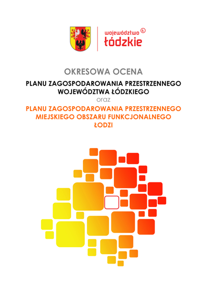  Okładka tytułowa opracowania Plan Zagospodarowania Przestrzennego Województwa Łódzkiego oraz Plan Zagospodarowania Przestrzennego Miejskiego Obszaru Funkcjonalnego Łodzi. Grafika przedstawia na ciemnogranatowym tle zakomponowane centralnie na górze herb województwa łódzkiego w kolorach czarnym, czerwonym, żółtym i białym, a pod nim biały napis „zarząd województwa łódzkiego”, pod nim wielkimi literami tytuł dokumentu w kolorze białym. W dolnej części okładki umieszczono grafikę w postaci stylizowanego kształtu województwa łódzkiego składającego się z obłych kwadratów w różnych odcieniach koloru niebieskiego. Na dole strony po lewej znajduje się logo województwa, a po prawej logo biura opracowującego dokument.